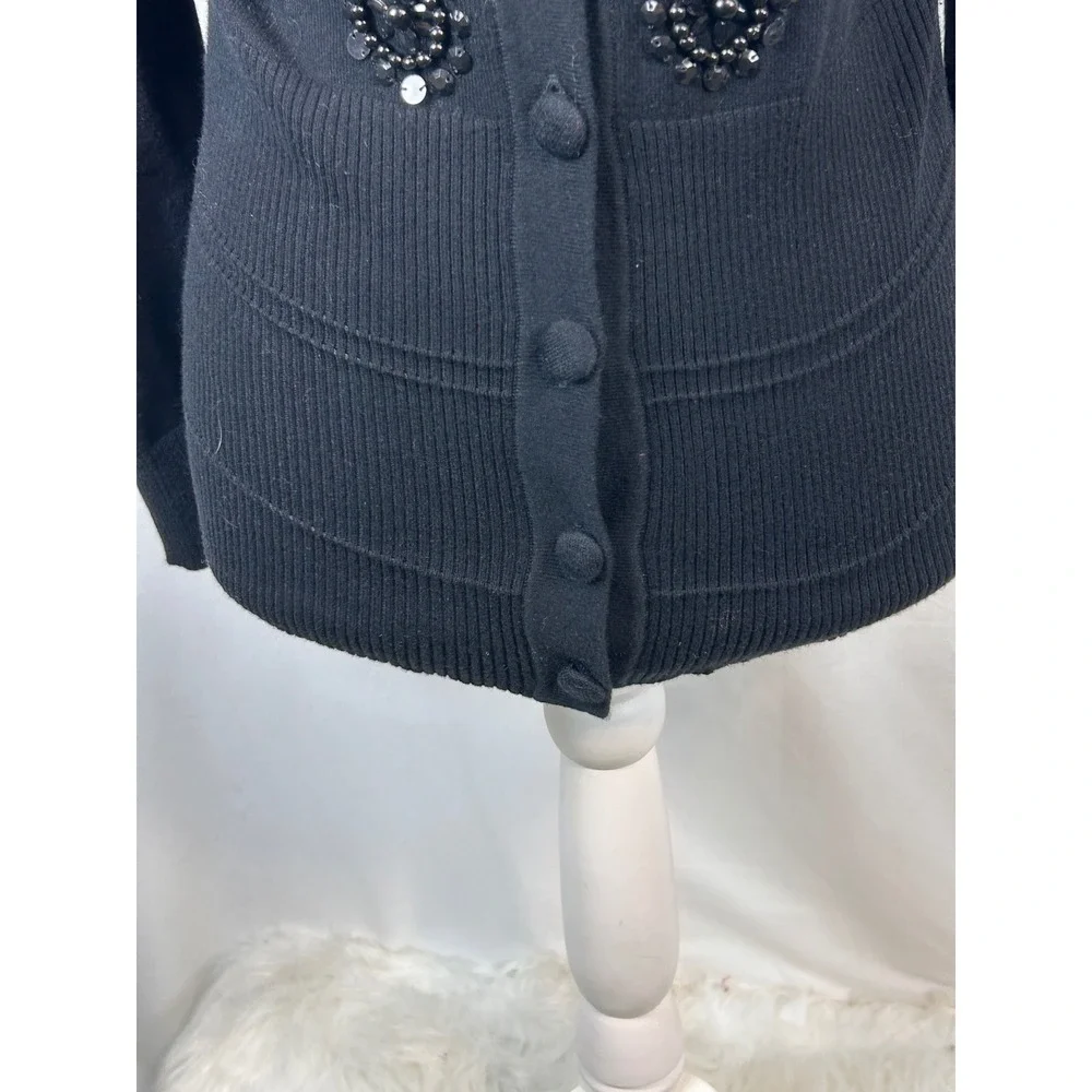 Tracy M Womens Black Beaded Sequin Cardigan Sweater Scoop Neck Ribbed Size M